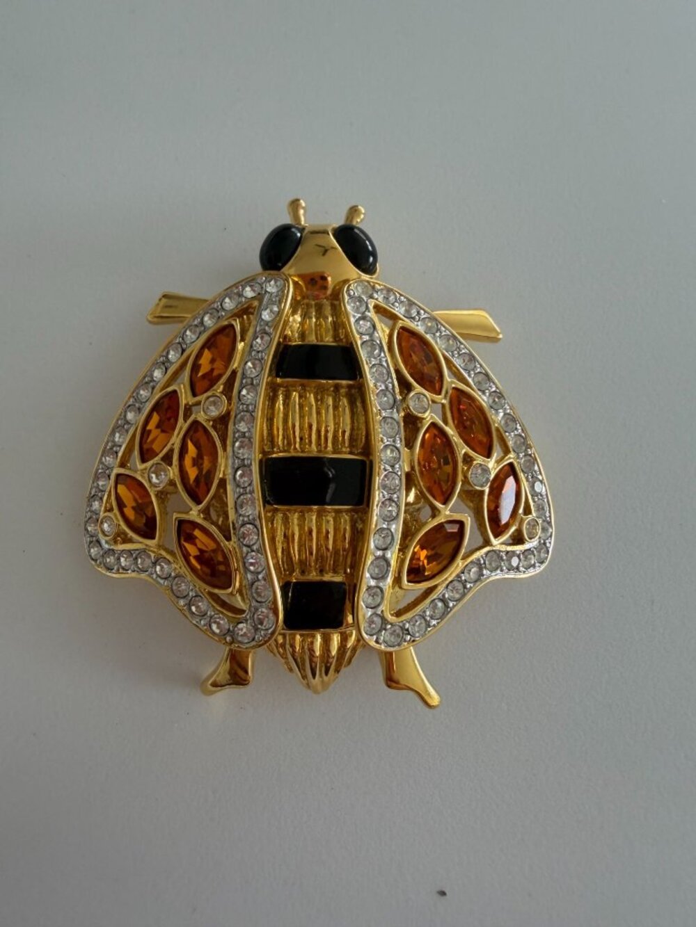 VALENTINO GARAVANI Large Vintage Brown Insect Crystal Gold Tone Brooch Pin